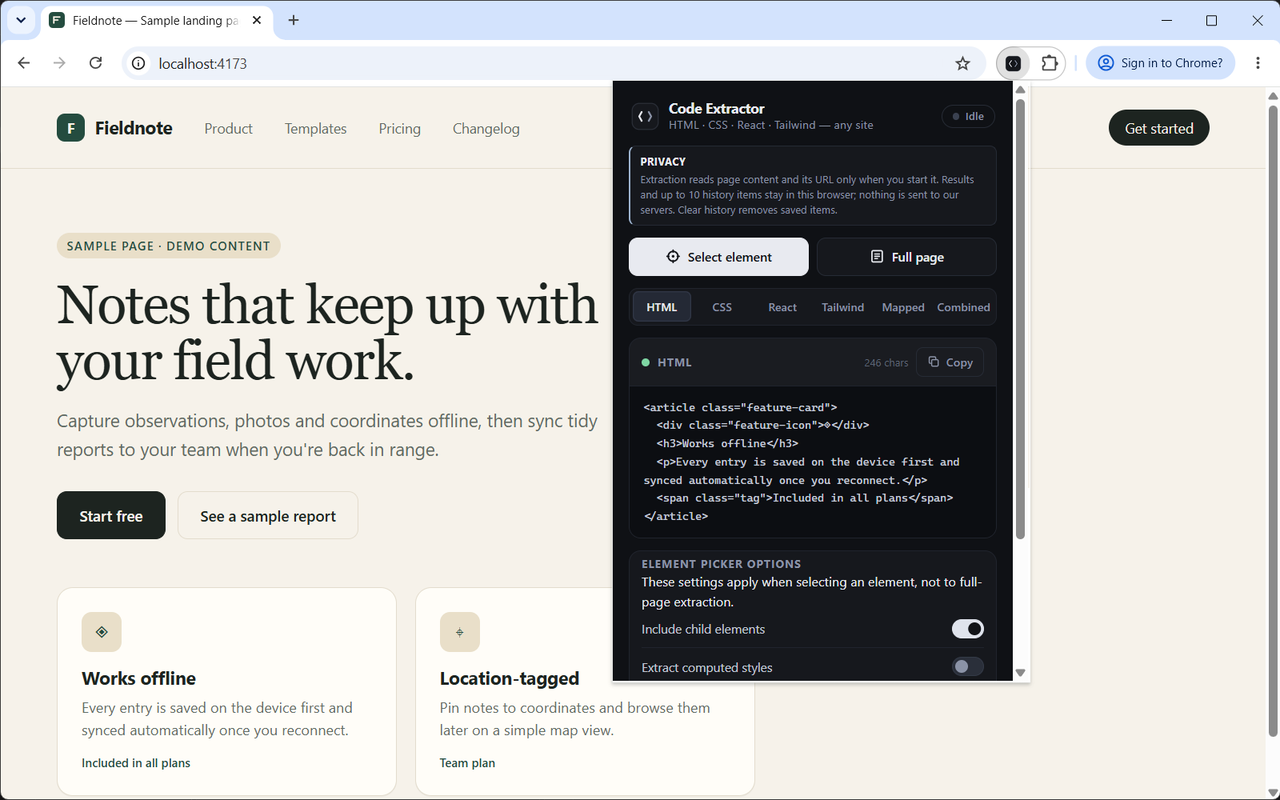 Actual Chrome screenshot of Web Code Extractor displaying HTML from a sample feature card