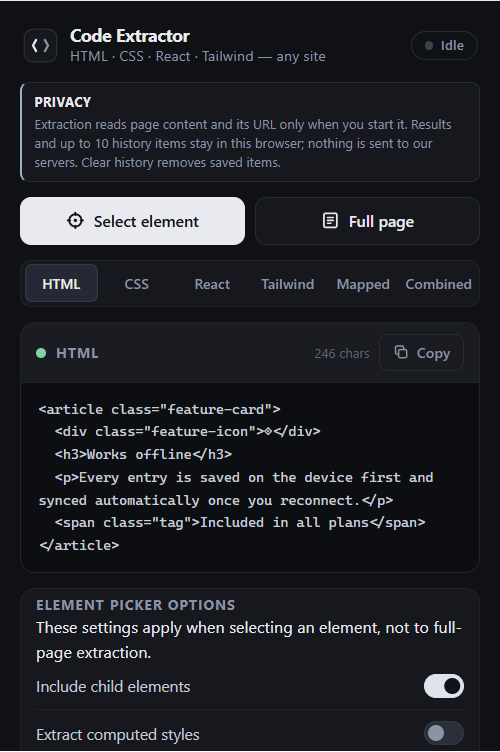 Real extension popup with extracted HTML and element-picker style controls